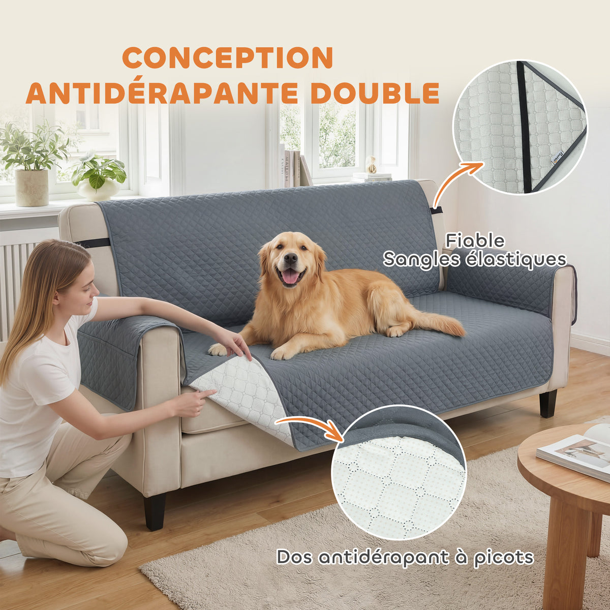 Housse de Canapé Protecteur de Meubles 3 Places Imperméable Anti-glisse avec Poches de Rangement Gris-4
