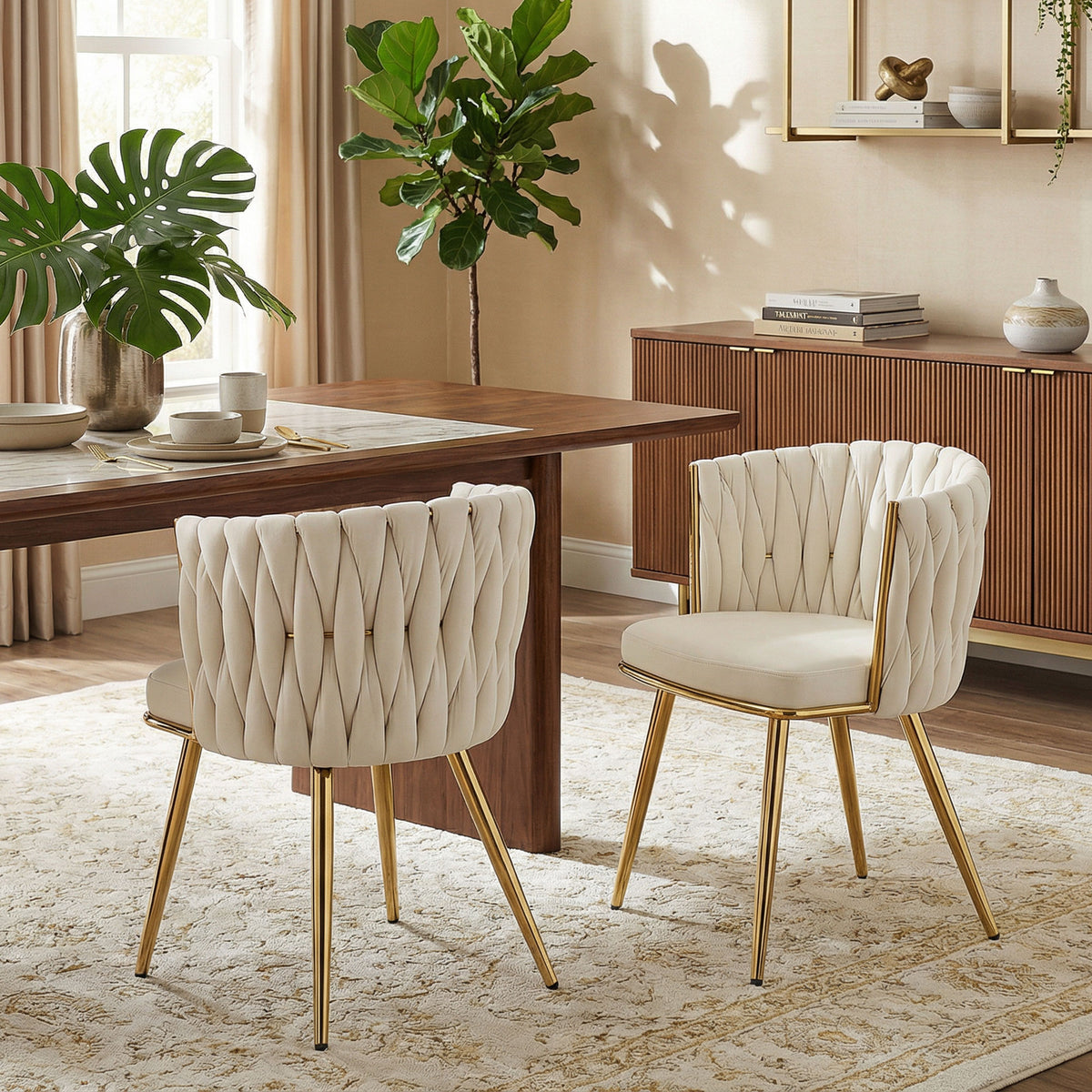 Lot de 2 chaises de salle à manger, chaises de cuisine rembourrées en velours avec dossier tressé et accoudoirs, crème-9