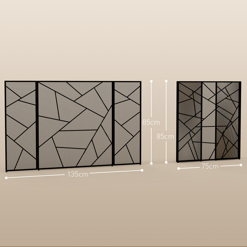 Pare feu cheminée pliable 3 panneaux en acier avec décor géométrique et pieds antidérapants, 135l x 1,2P x 85H cm, noir-2