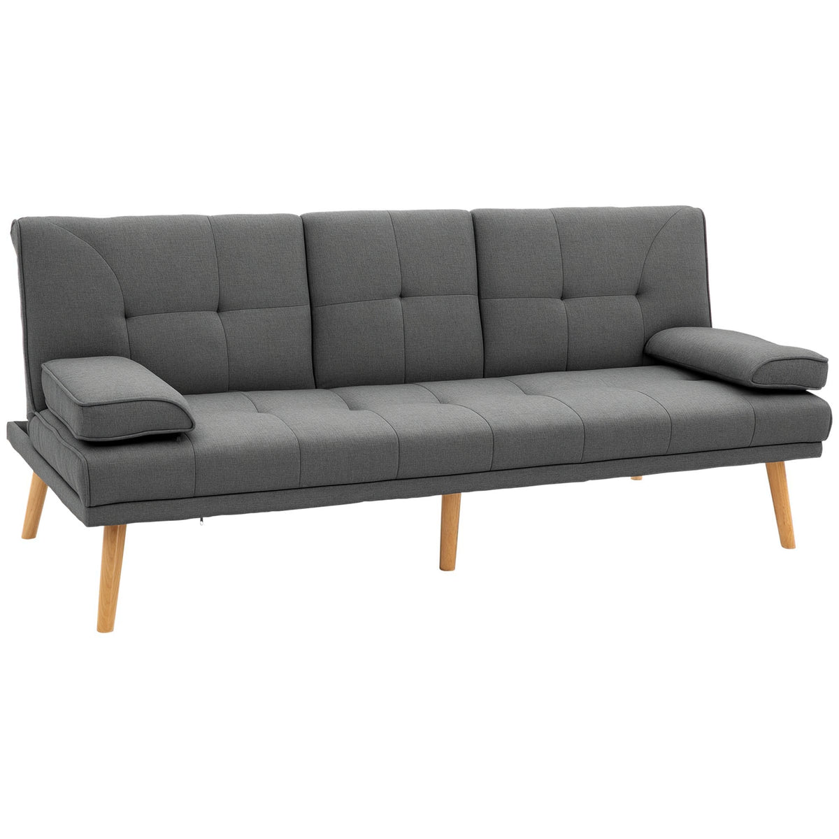 Canapé convertible 3 places, canapé-lit rembourré avec dossier réglable 3 niveaux, 2 coussins et 2 porte-gobelets intégrés, tissu de lin, pour salon, chambre d'amis, petit espace, gris foncé-0