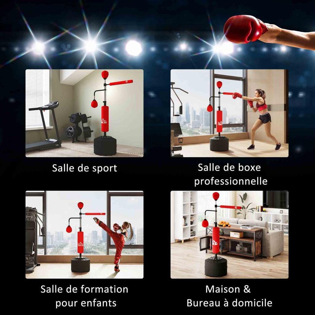 Sac de frappe sur pied 4 en 1 punching ball autonome balles de vitesse barre rotative gants 88 x 50 x 160-230 cm rouge-6