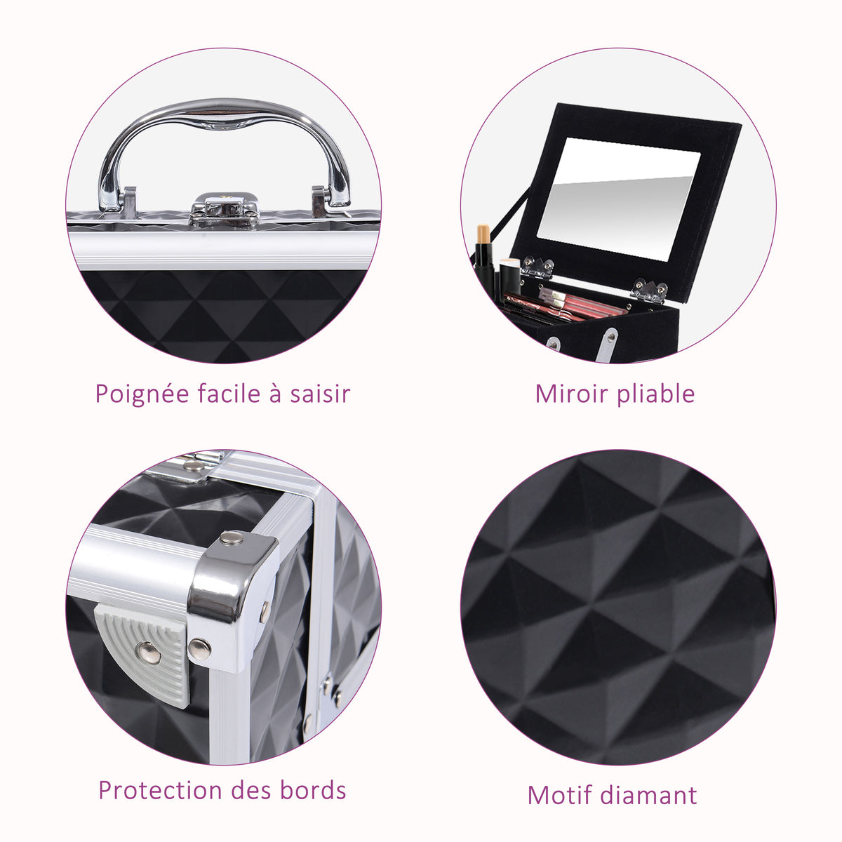 Mallette à maquillage rangement à 3 niveaux avec miroir verrouillage avec 2 clés dim. 20L x 15l x 15H cm noir-4