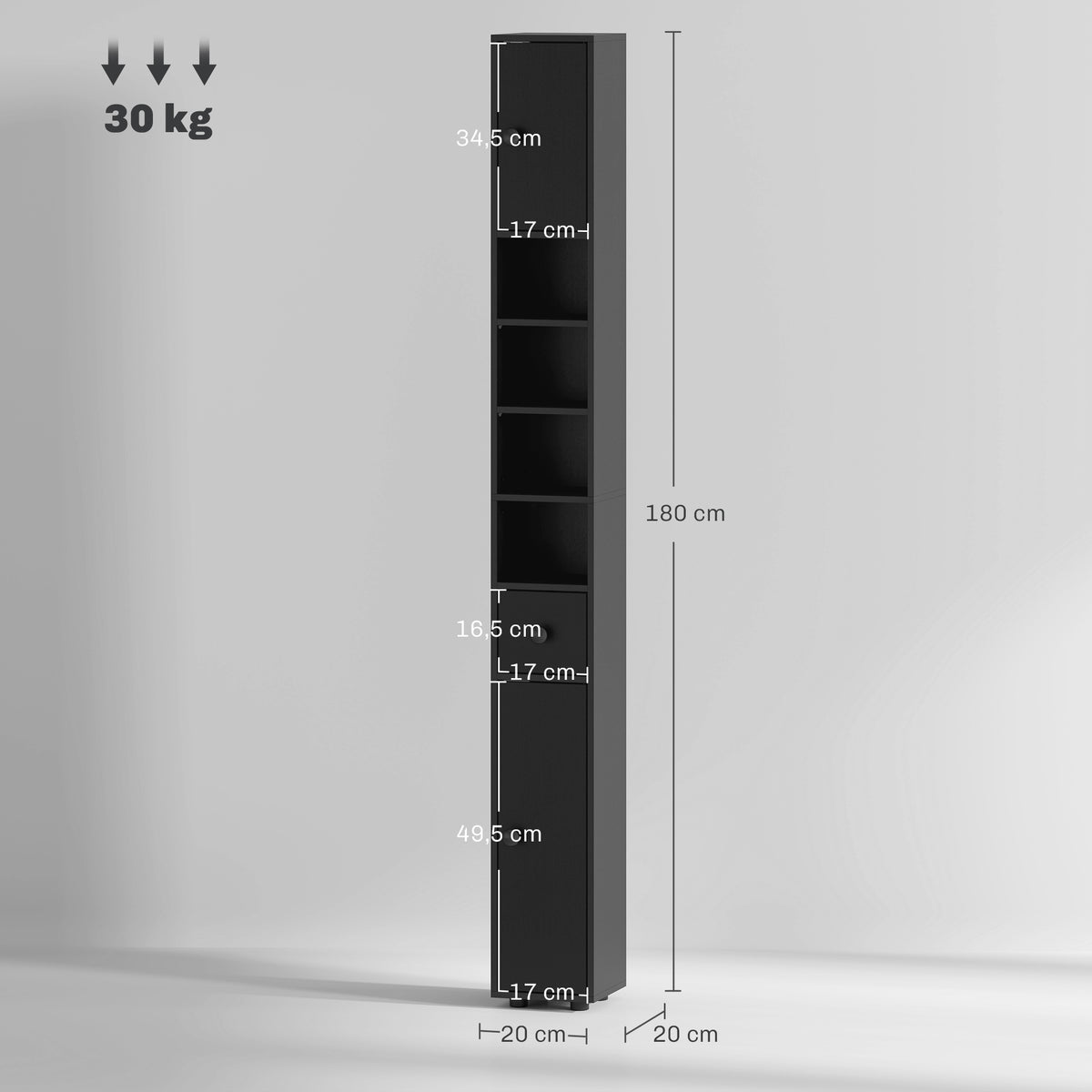 Colonne de rangement armoire haute pour salle de bain 1 tiroir 4 étagères réglables et 2 placards 20 x 20 x 180 cm noir-2
