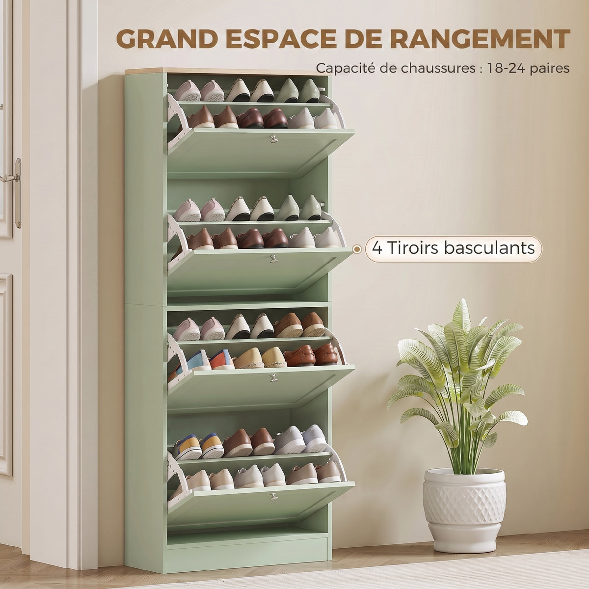Meuble à chaussures 24 paires, armoire à chaussures avec 4 tiroirs rabattables, étagères réglables, 60x23,5x153cm, vert-3
