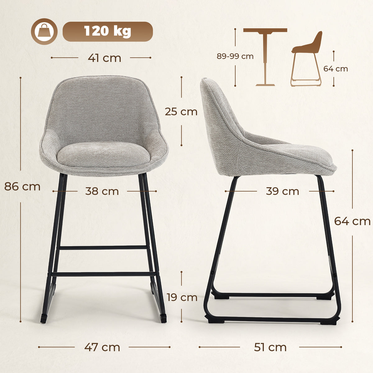 Lot de 2 Tabourets de Bar, Chaises de Bar en Chenille, Assise Rembourrée 64H cm, Dossier et Repose-Pieds, Gris-2