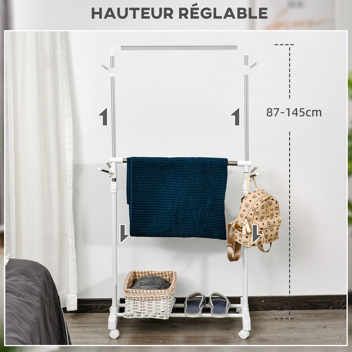 Portant à vêtements, penderie vêtement en acier avec support à chaussures et crochets latéraux, argent et blanc-3