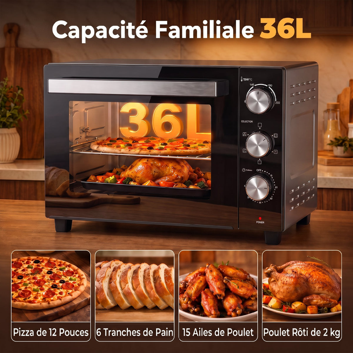 Mini-Four avec Broche Rotative 36L 1500 W, Four à Convection Multifonction, Chaleur Tournante, Minuterie 60 min, Argenté-4