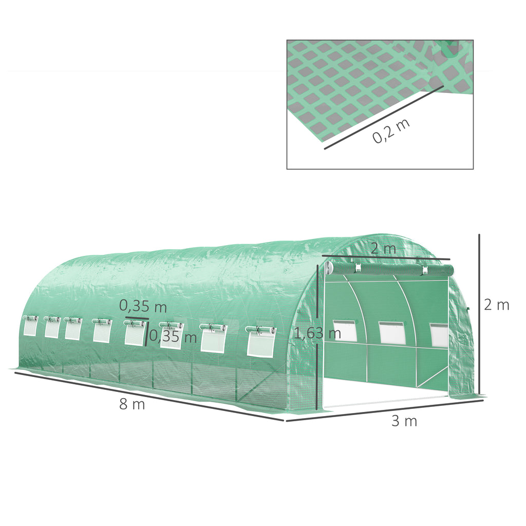 Serre de jardin tunnel 24m² 8L x 3l x 2H m - 16 fenêtres, Porte zippée enroulable acier galvanisé, bâche PE, Vert-2