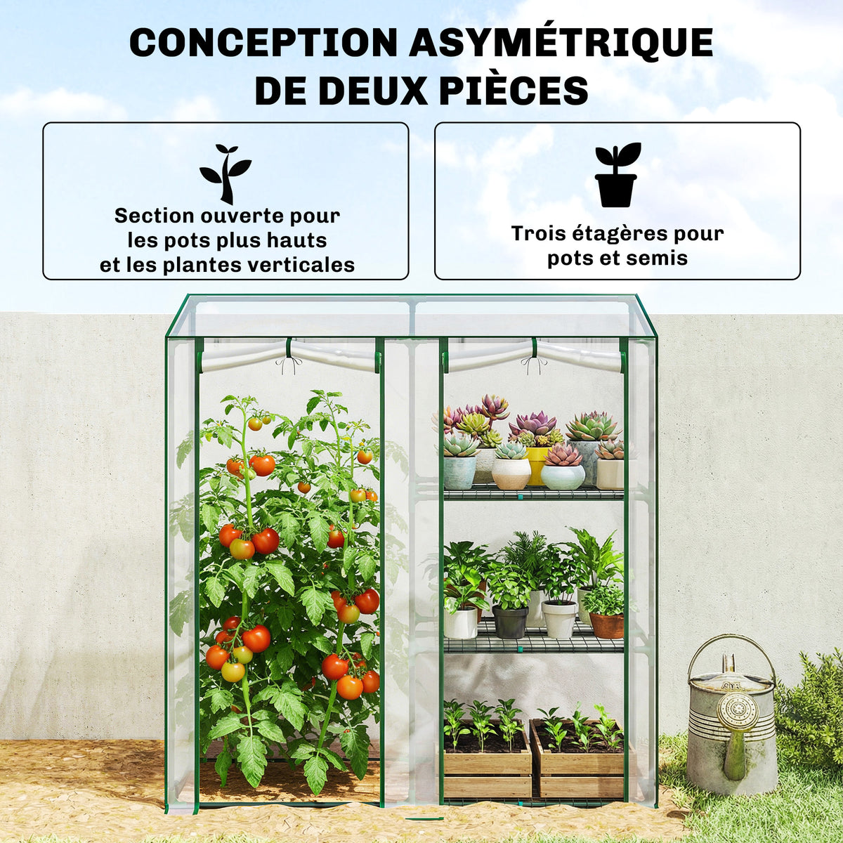 Serre de Jardin avec étagères 3 niveaux, Petite Serre en Bâche PVC et Châssis Acier, 2 Portes Roulantes, Transparent-3