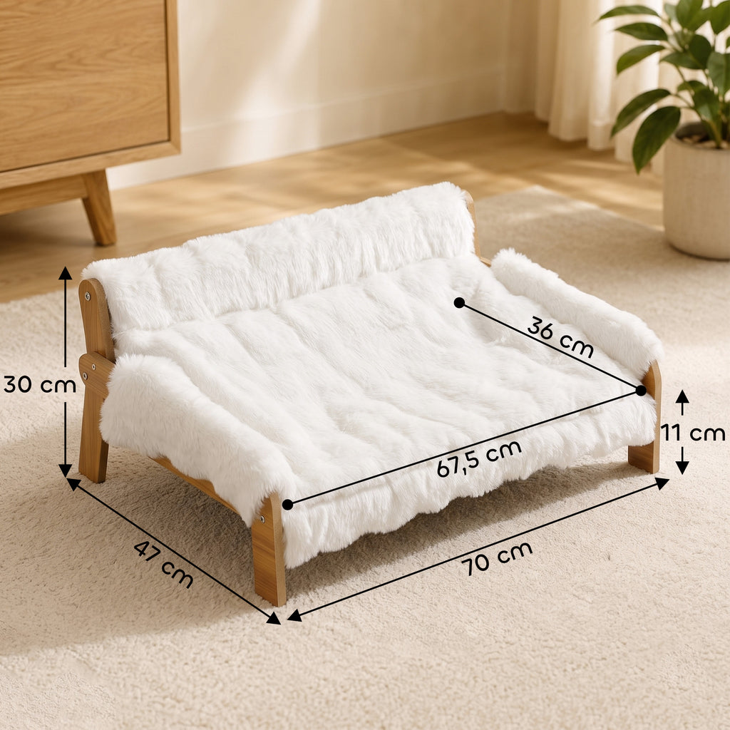 Canapé pour Chien Chat Lit Surélevé en Bois, Coussin Amovible en Peluche, Pieds Antidérapants, 70 x 47 x 30 cm, Blanc-2