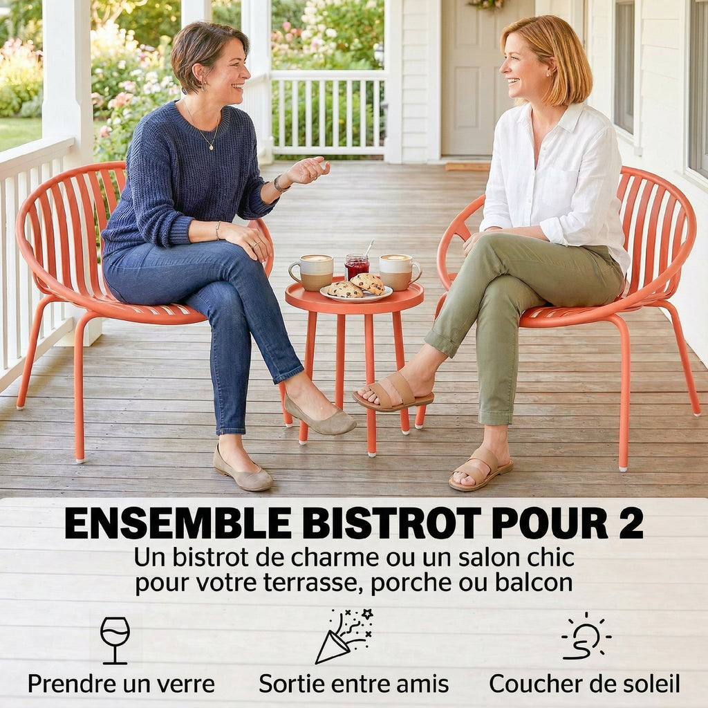 Salon de Jardin Ensemble Bistro 3 Pièces Table Basse à Plateau Concave Acier et Polypropylène 80x70x75cm Rouge Brique-6