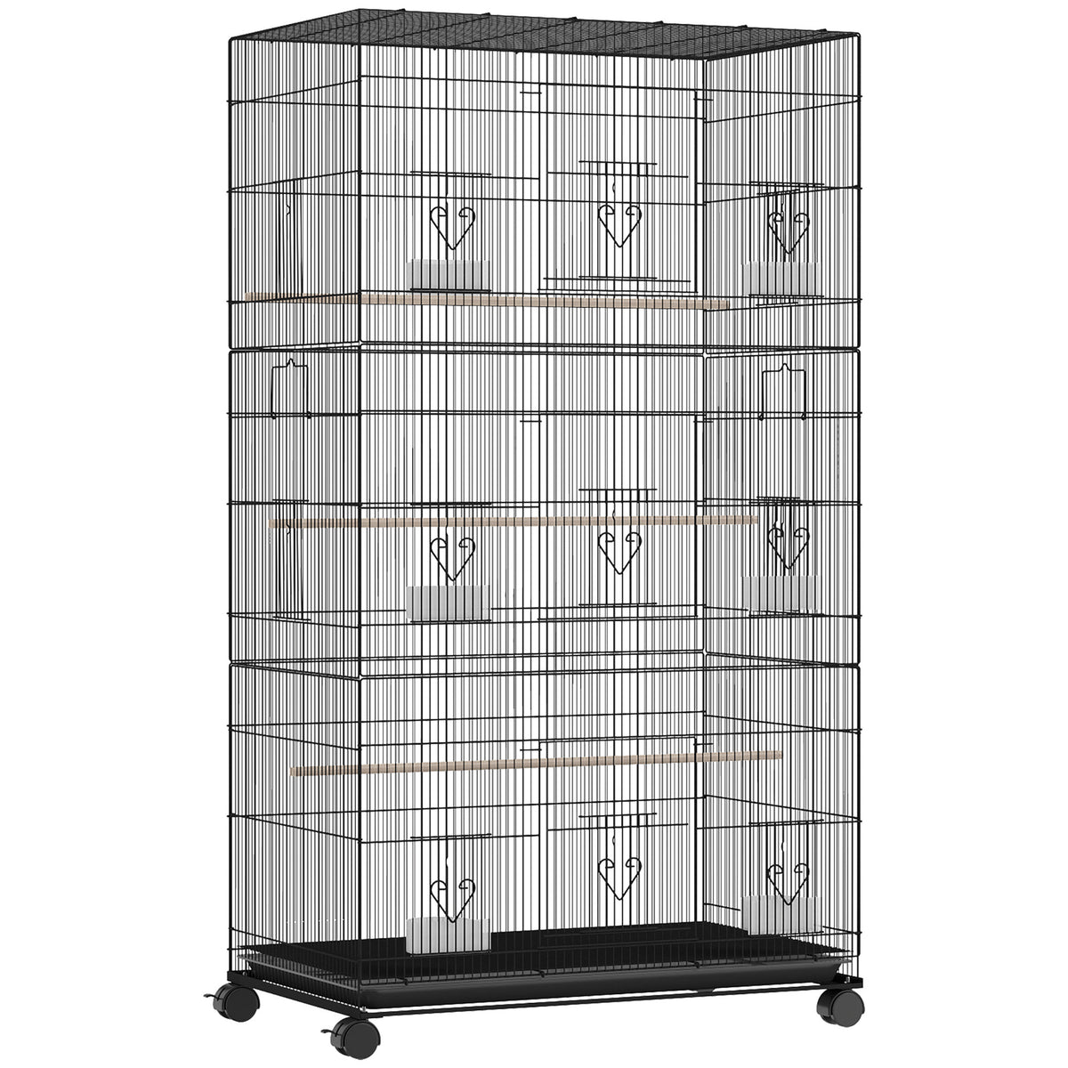 Grande Cage à Oiseaux sur Roulettes en Acier, Plateau Amovible, Portes, Perchoirs, Mangeoires, 77x46,5x141cm, Noir-0