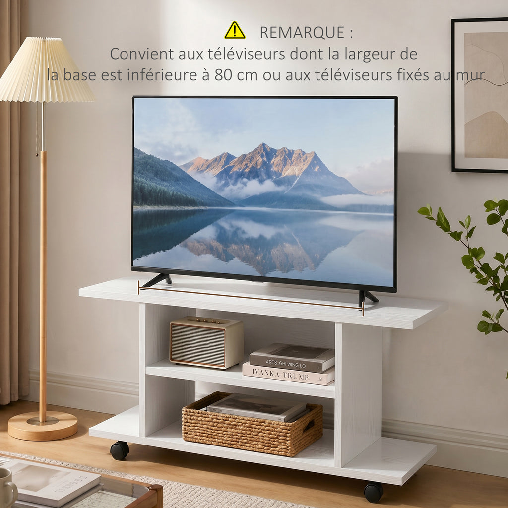 Meuble TV avec Roulettes 80 cm, Meuble Télé pour Téléviseur jusqu'à 42 Pouces avec Étagères Ouvertes, Style Moderne, Banc TV pour Salon, Chambre, Blanc-8