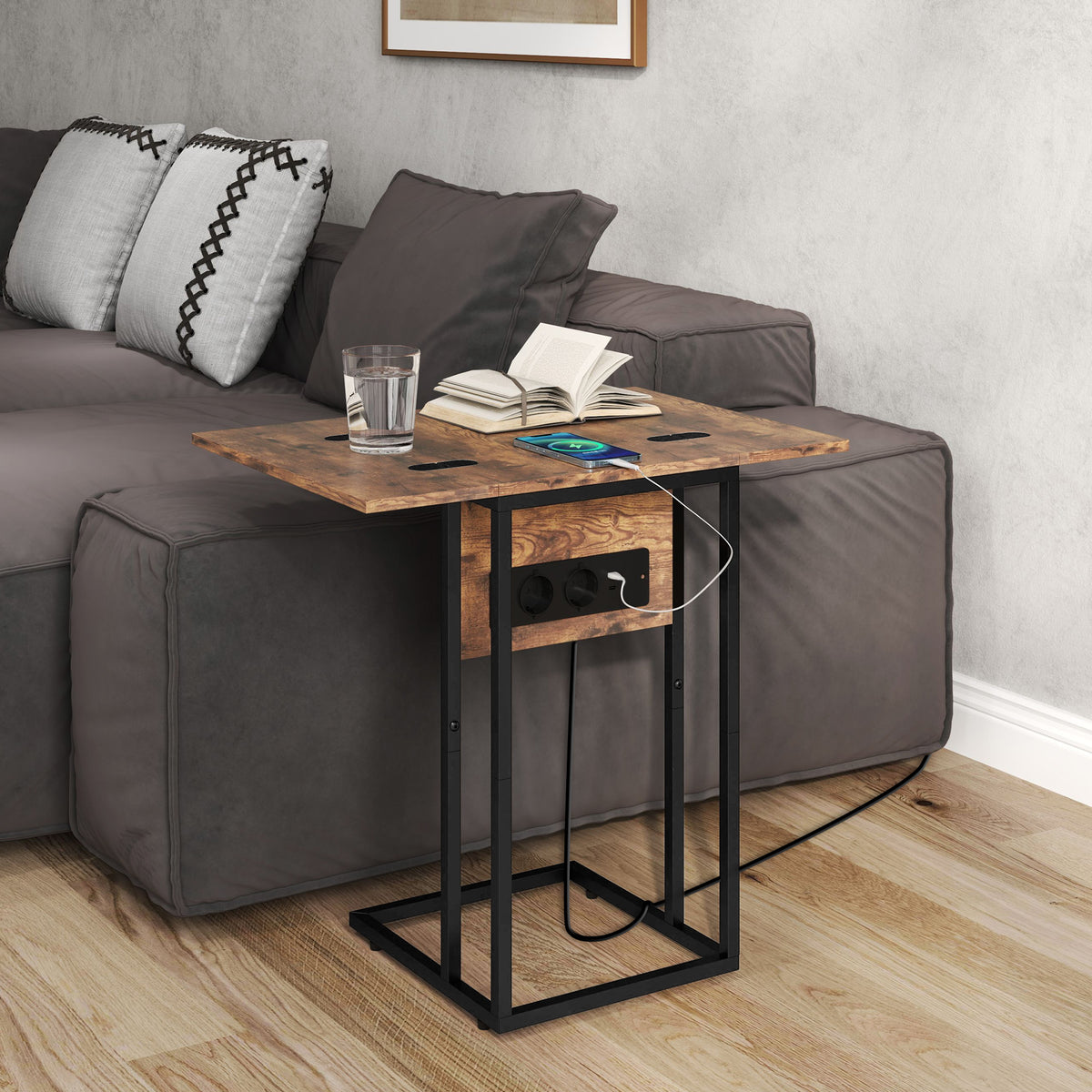 Table d'appoint bout de canapé avec station de charge, plateau pliable, 39 x 29 x 57 cm, brun rustique et noir-9