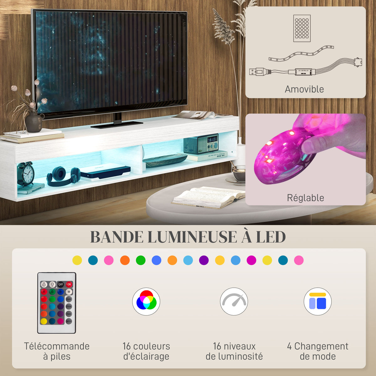 Meuble TV suspendu mural avec éclairage LED pour téléviseurs jusqu'à 75 pouces, étagères, 180L x 40l x 30H cm, blanc-4