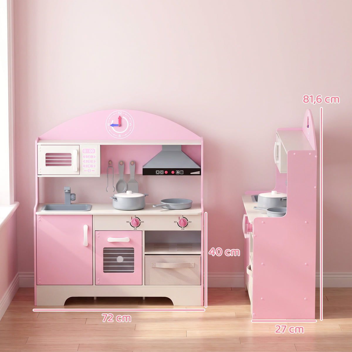 Cuisine Enfant avec Lumières et Sons, Cuisine de Jeu avec Tiroir en Tissu et 5 Accessoires, pour Enfants 3-6 Ans, Rose-2