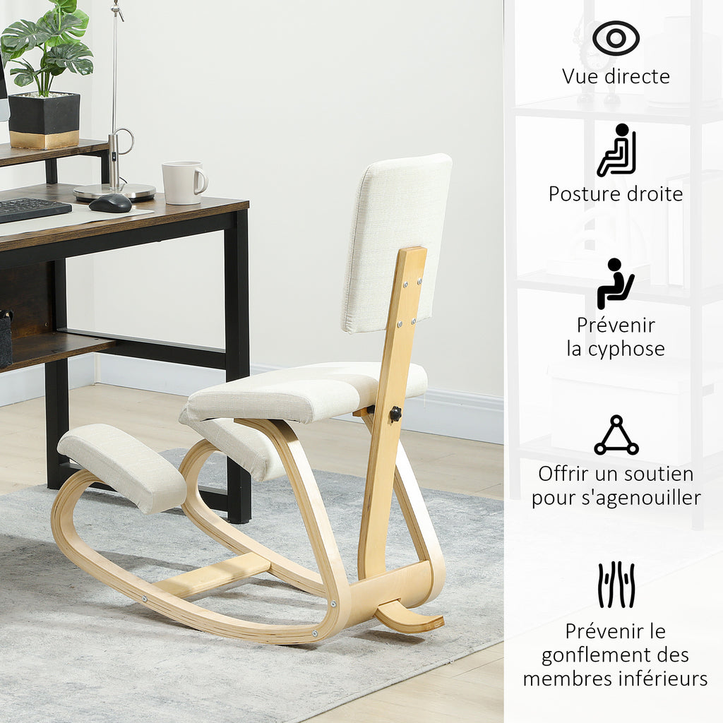 Siège assis genoux, tabouret ergonomique en bois à bascule avec dossier, chaise à genoux pour bureau à domicile, crème-4