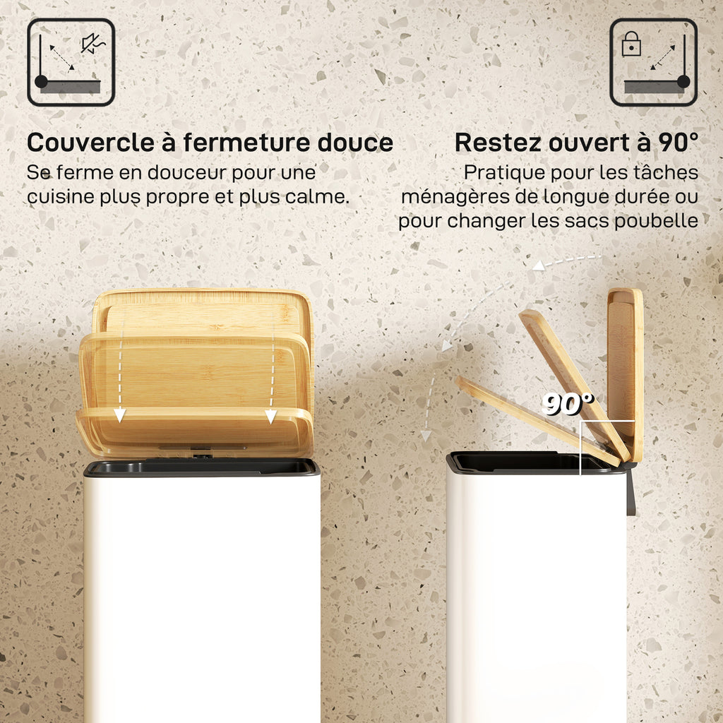 Poubelle de Cuisine 20L, Poubelle avec Pédale, Couvercle en Bambou à Fermeture Douce, Seau Intérieur Amovible, Blanc-4