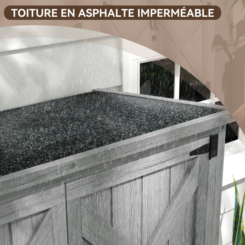 Armoire de jardin, abri jardin sur pied, avec 2 étagères, toit incliné et bitumé, en bois massif, 90x54,5x168,5cm, gris-4