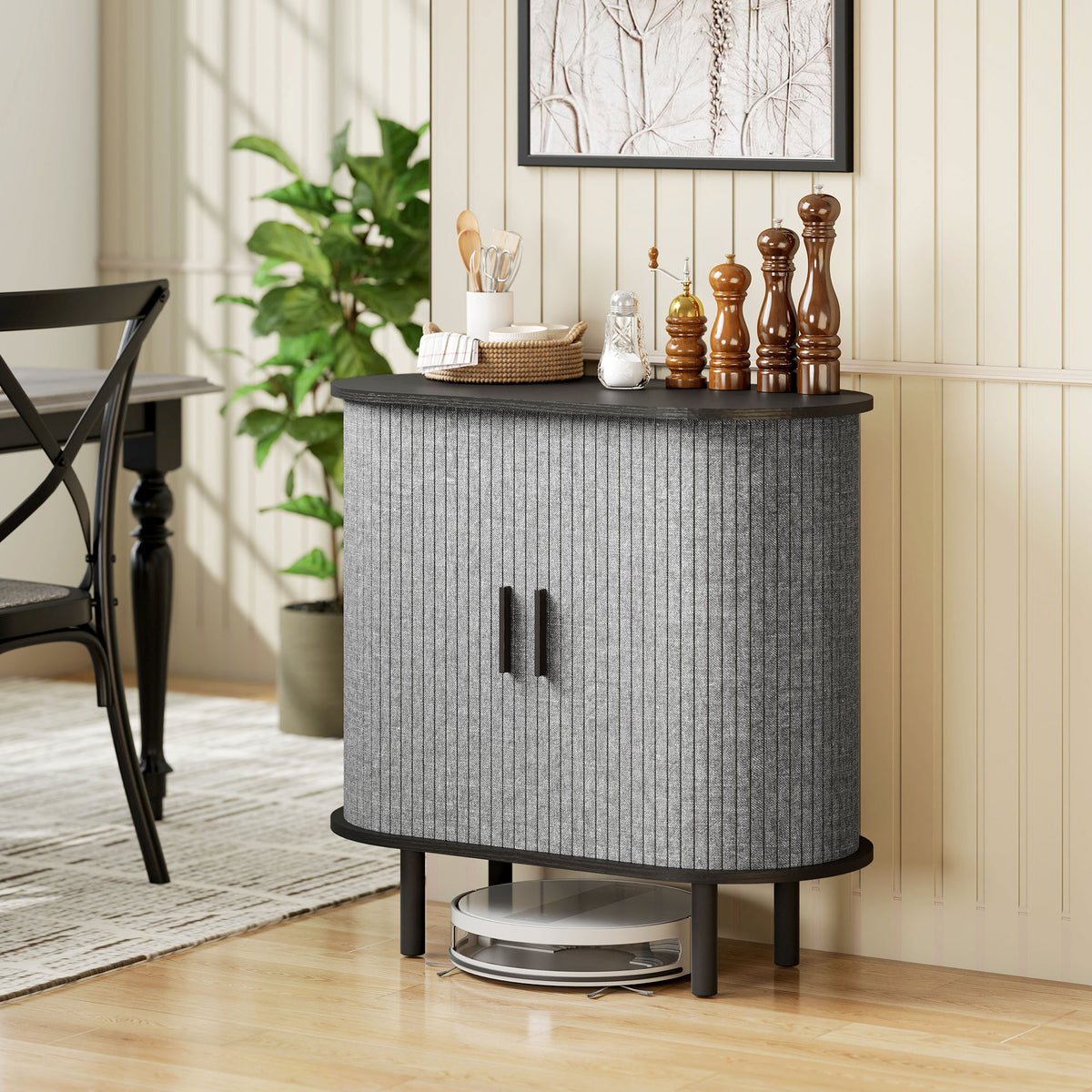 Buffet salon, meuble de rangement ovale avec 2 portes coulissantes et 2 compartiments, 80 x 40 x 78 cm, gris-9
