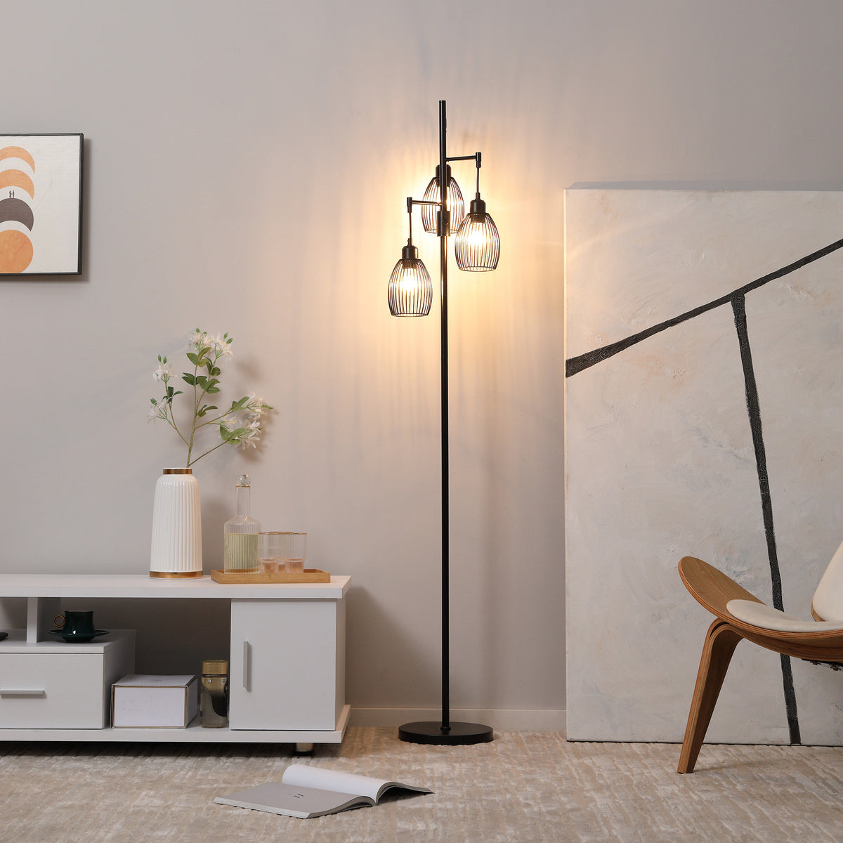 Lampadaire style industriel 40 W max. 3 abat-jours en métal filaire luminosité réglable - ampoule E27 - noir-1