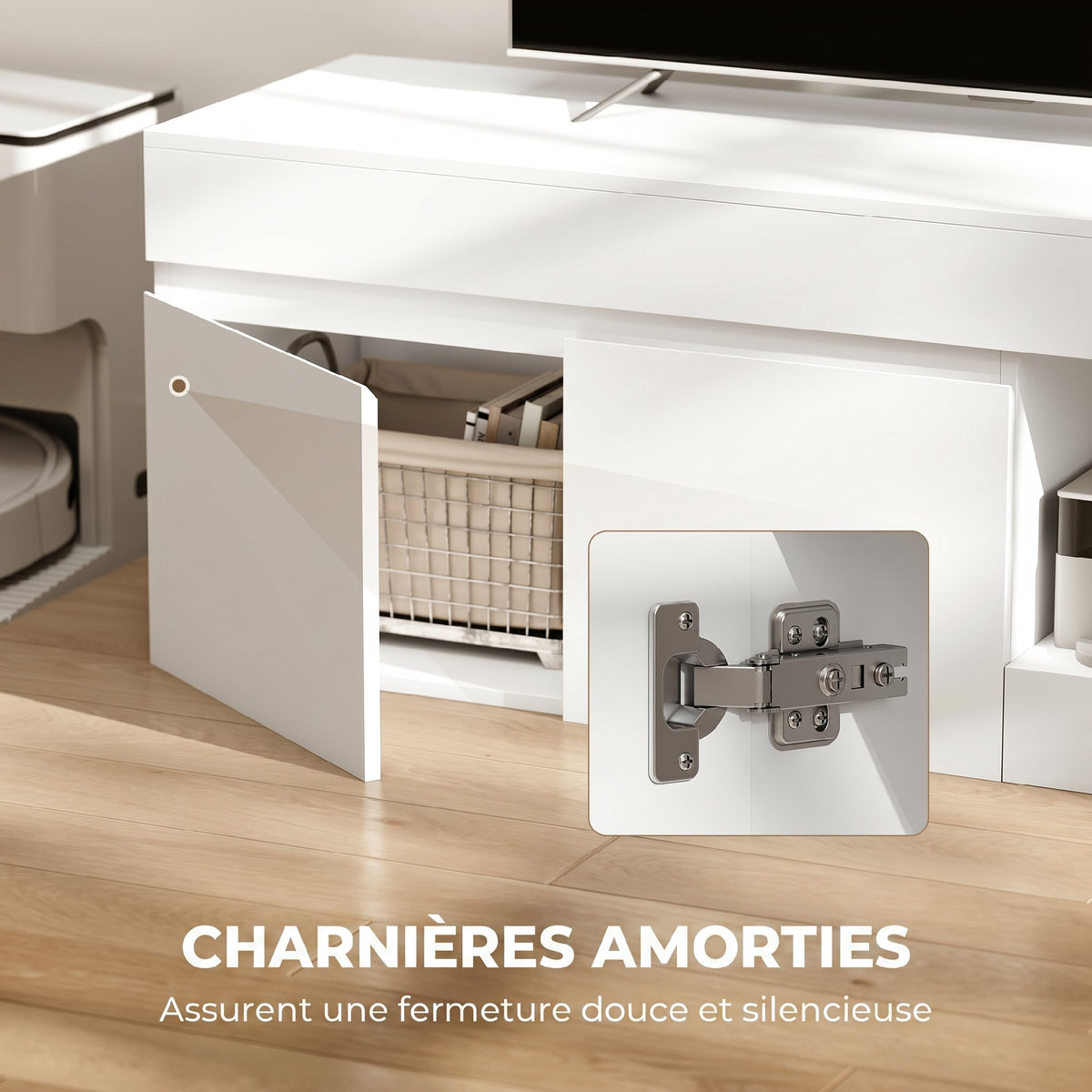 Meuble TV 2 portes pour téléviseurs jusqu'à 60 pouces, meuble télé avec placard et étagère ouverte, blanc-5
