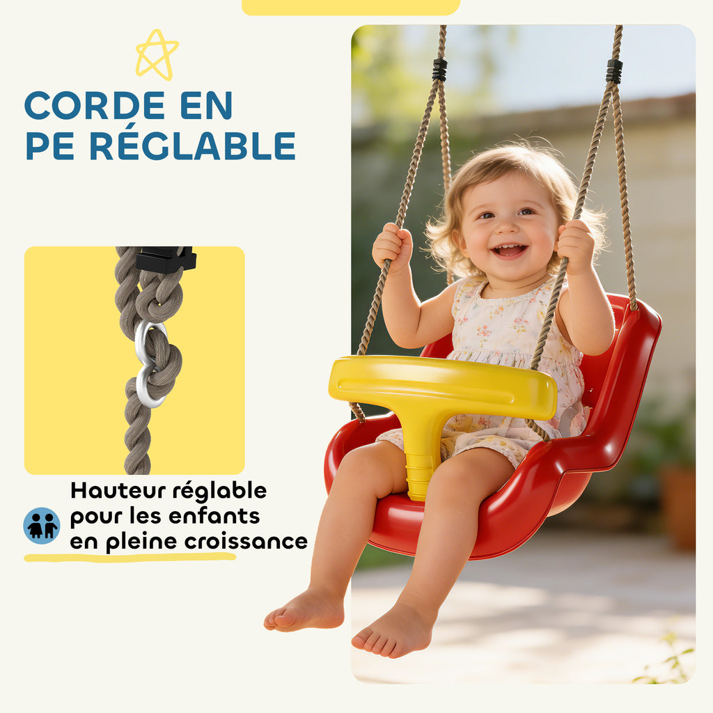 Balançoire pour enfants, balançoire bébé extérieure, dossier haut, barre de sécurité, hauteur ajustable, rouge et jaune-3