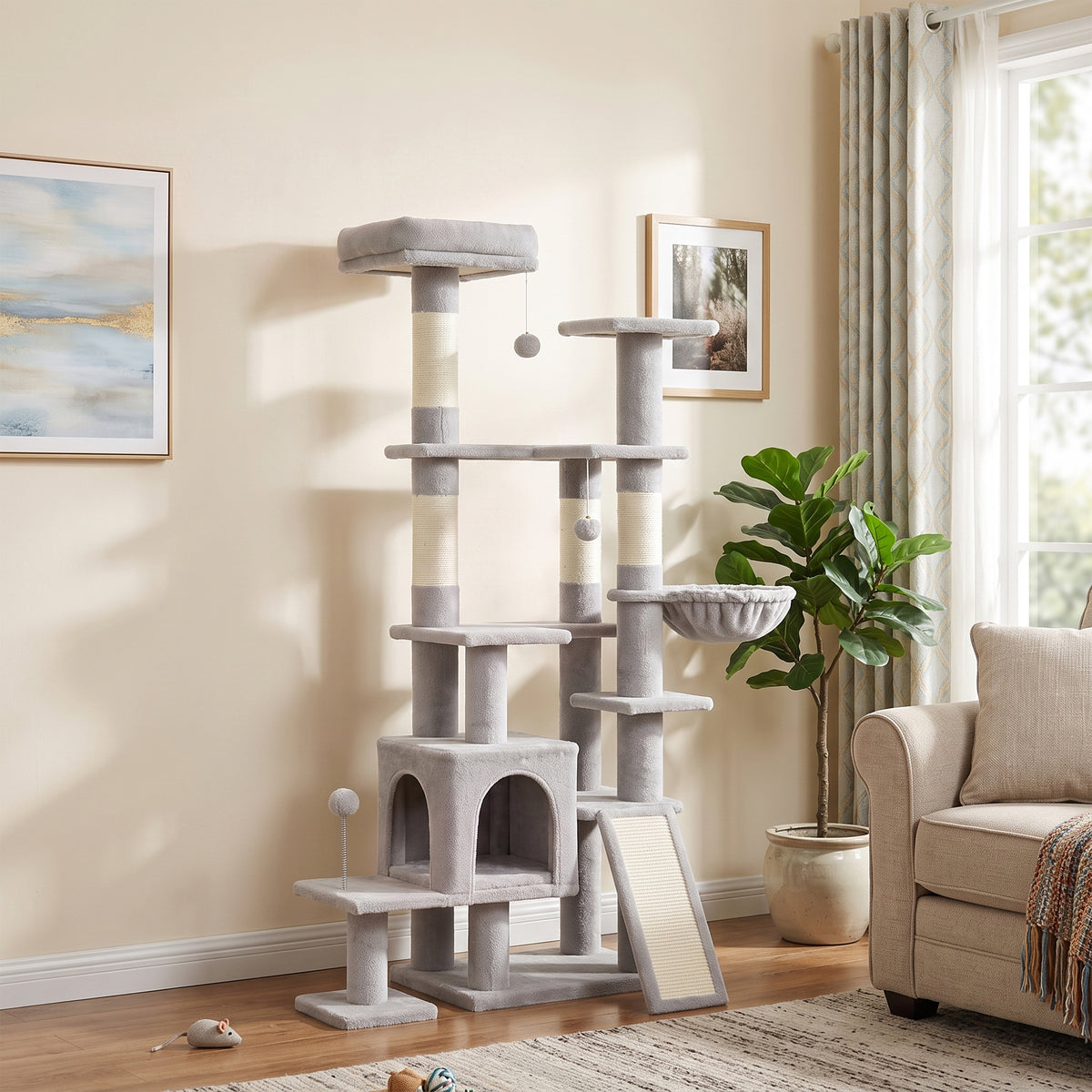 Arbre à Chat 5 niveaux 152cm, Niche, Hamac, Plateforme, Poteaux à Griffer, Balles Suspendues, Gris Clair-1