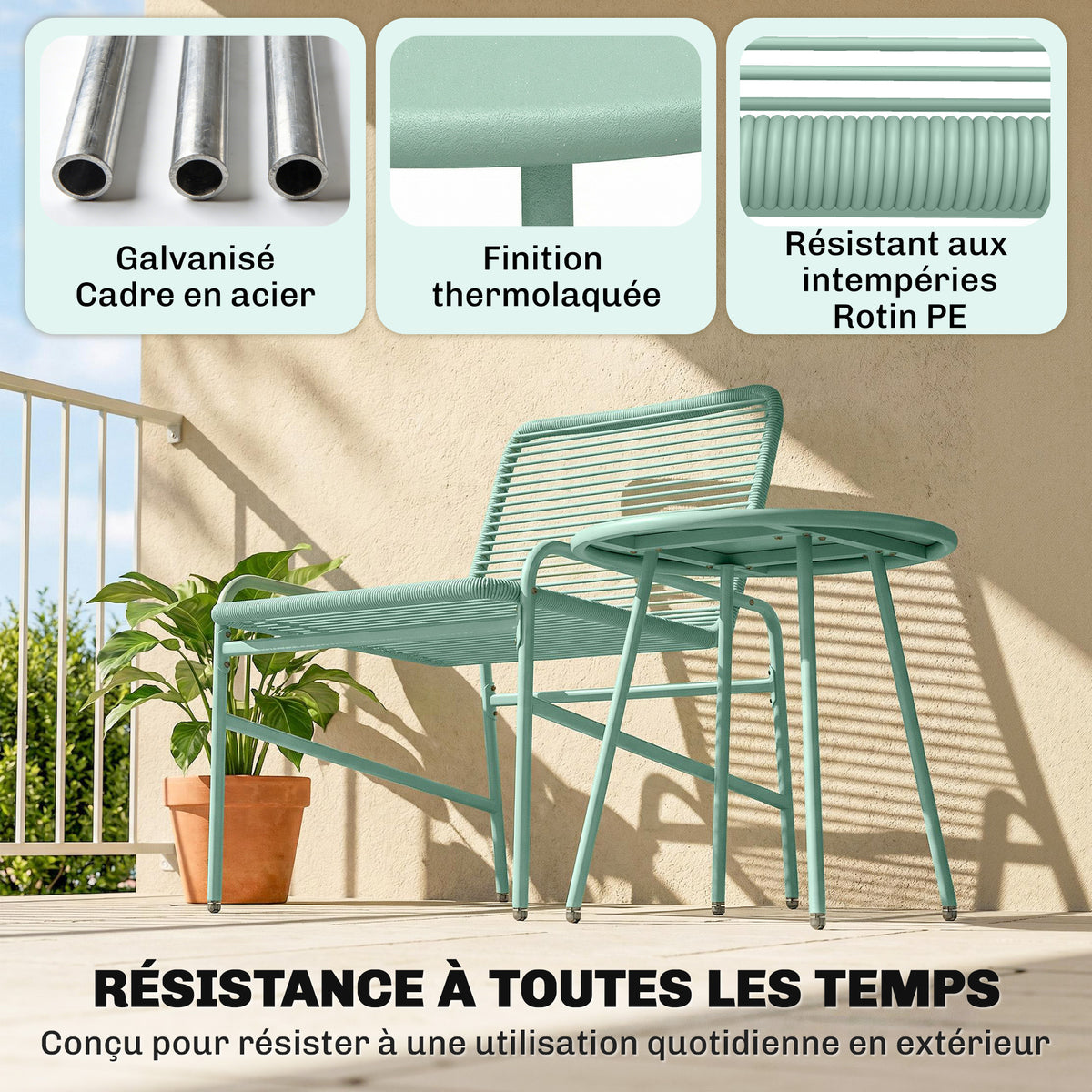 Salon de Jardin Extérieur 3 Pièces en Résine Tressée et Acier, Table de Jardin Ronde avec 2 Chaises, 58x67x75cm, Vert-4