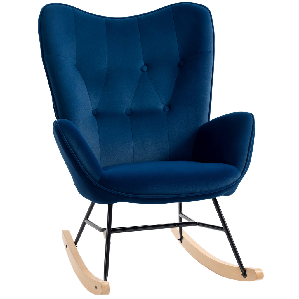Fauteuil à Bascule, Rocking Chair, fauteuil allaitement confortable avec Structure en bois massif et métal pour Salon, Chambre, Balcon, Velours Bleu-0