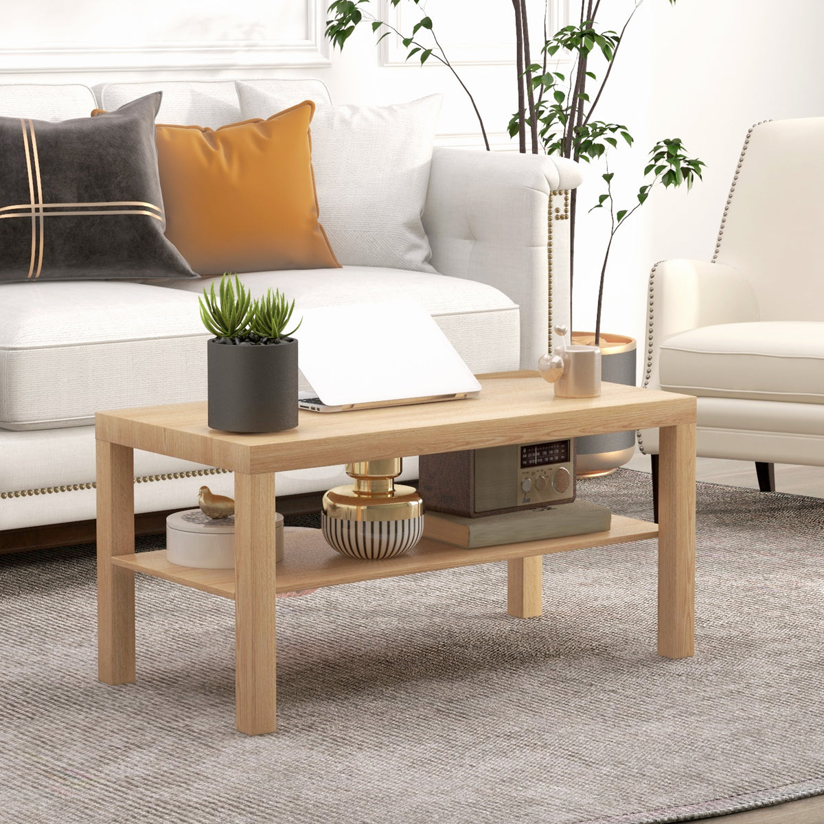 Table basse de salon, table d'appoint rectangulaire à 2 niveaux avec étagère de rangement, 90x45x44,5cm, bois naturel-9