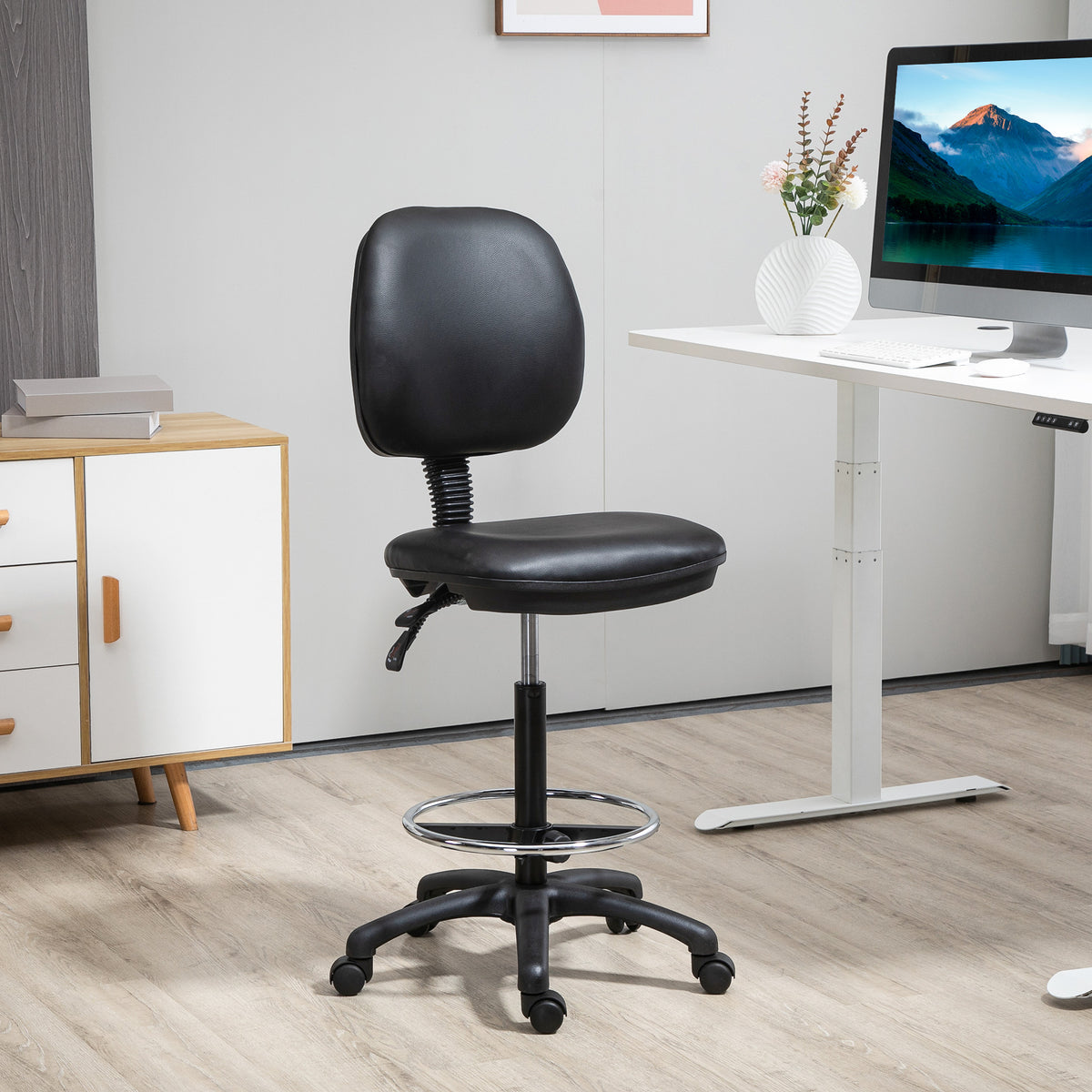 Tabouret à roulettes réglable en hauteur 69-91 cm avec dossier inclinable et repose-pieds réglable-1