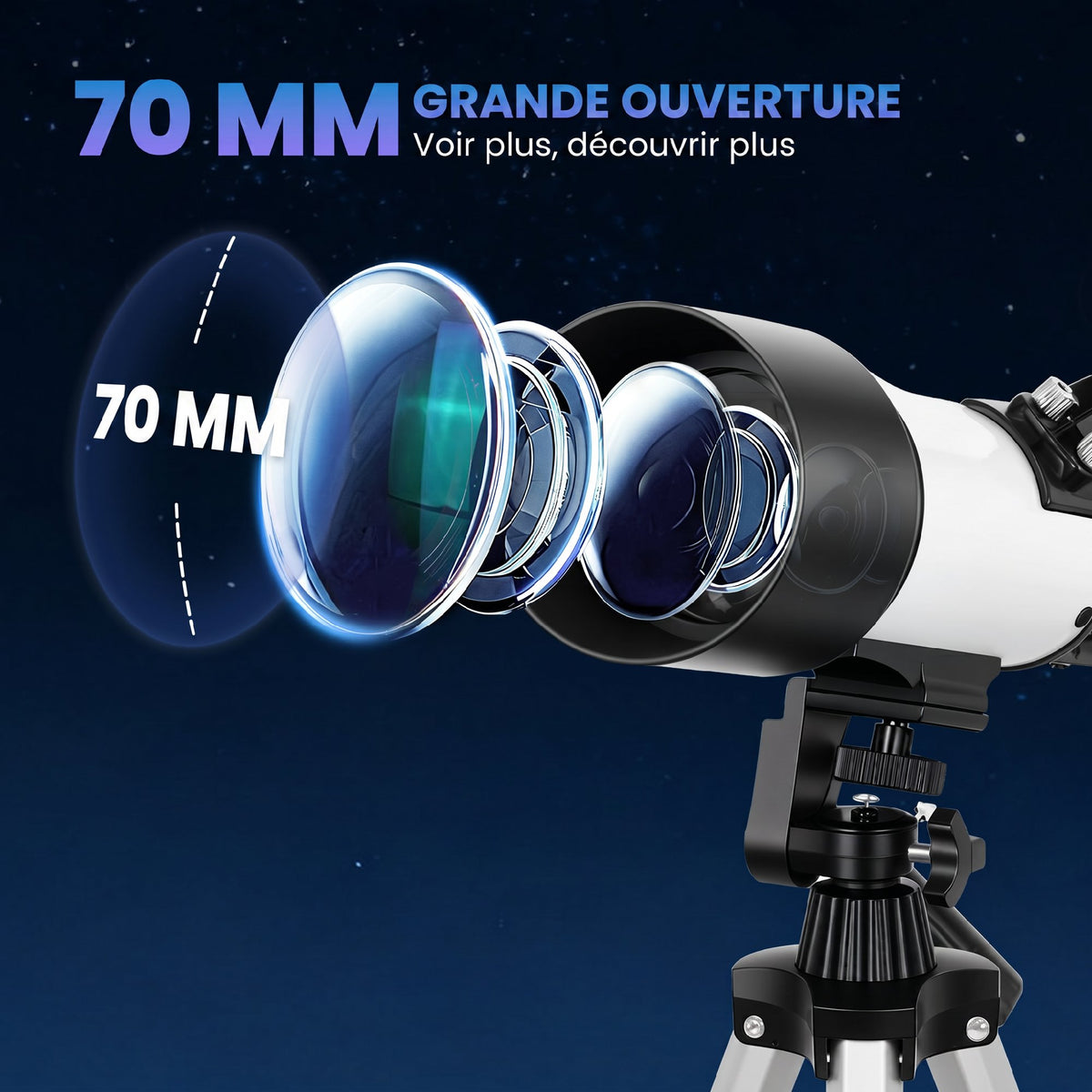 Télescope Astronomique pour Adultes et Débutants 70 mm, 2 Oculaire 40X/16X, Trépied Réglable, 80 x 80 x 135 cm, Blanc-3