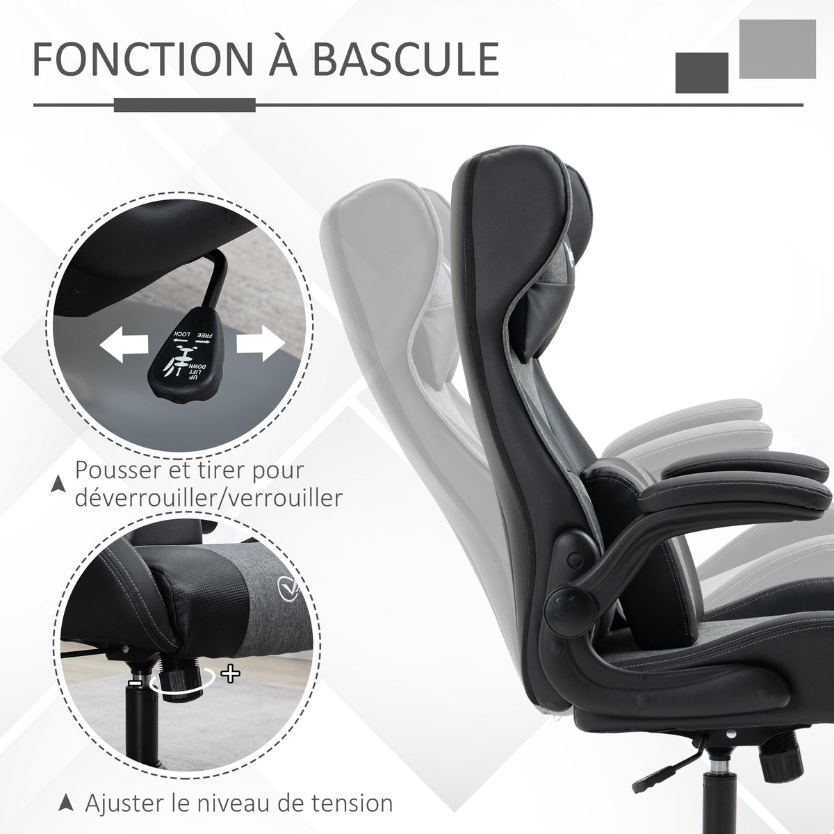 Chaise de gaming ergonomique avec base ronde hauteur réglable accoudoir relevable coussins tétière et lombaires PU gris noir-4
