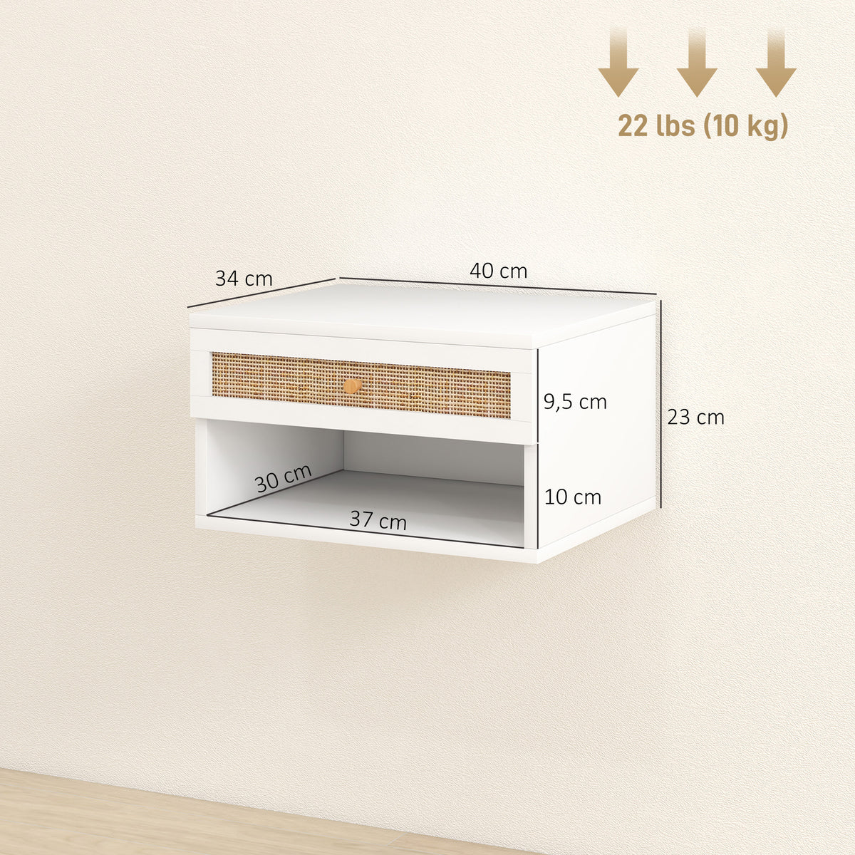 Lot de 2 tables de chevet murales tiroir coulissant, niche, plateau - en bois dim. 40L x 34l x 23H cm-2