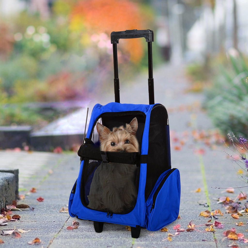 Sac de transport à roulettes pour chien 2 en 1 trolley chariot sac à dos pour chien chat avec poignée téléscopique, sacs de rangement, aérations, attache de sécurité, 42 x 25 x 55 cm, bleu-9