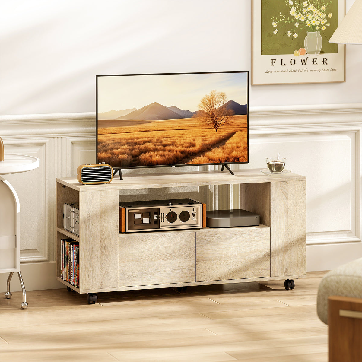 Meuble TV sur roulettes 102 cm, meuble télé pour téléviseur jusqu'à 42 pouces, 2 tiroirs, compartiments ouverts, naturel-1