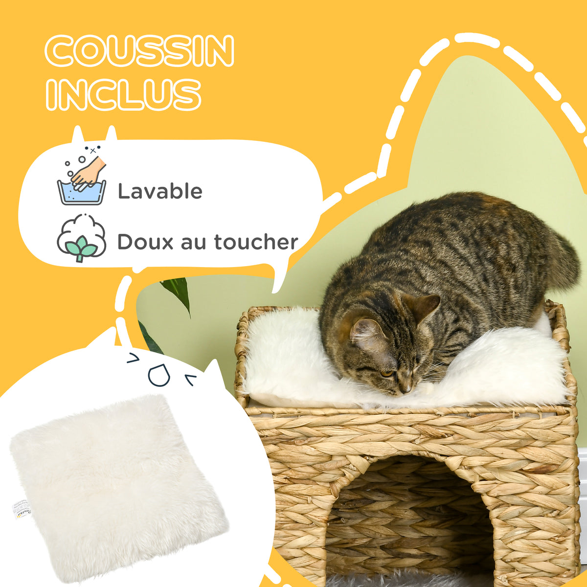 Niche pour chat 2 niveaux avec 2 coussins en jacinthe d'eau - 37,5 x 37,5 x 41,5 cm marron crème-5