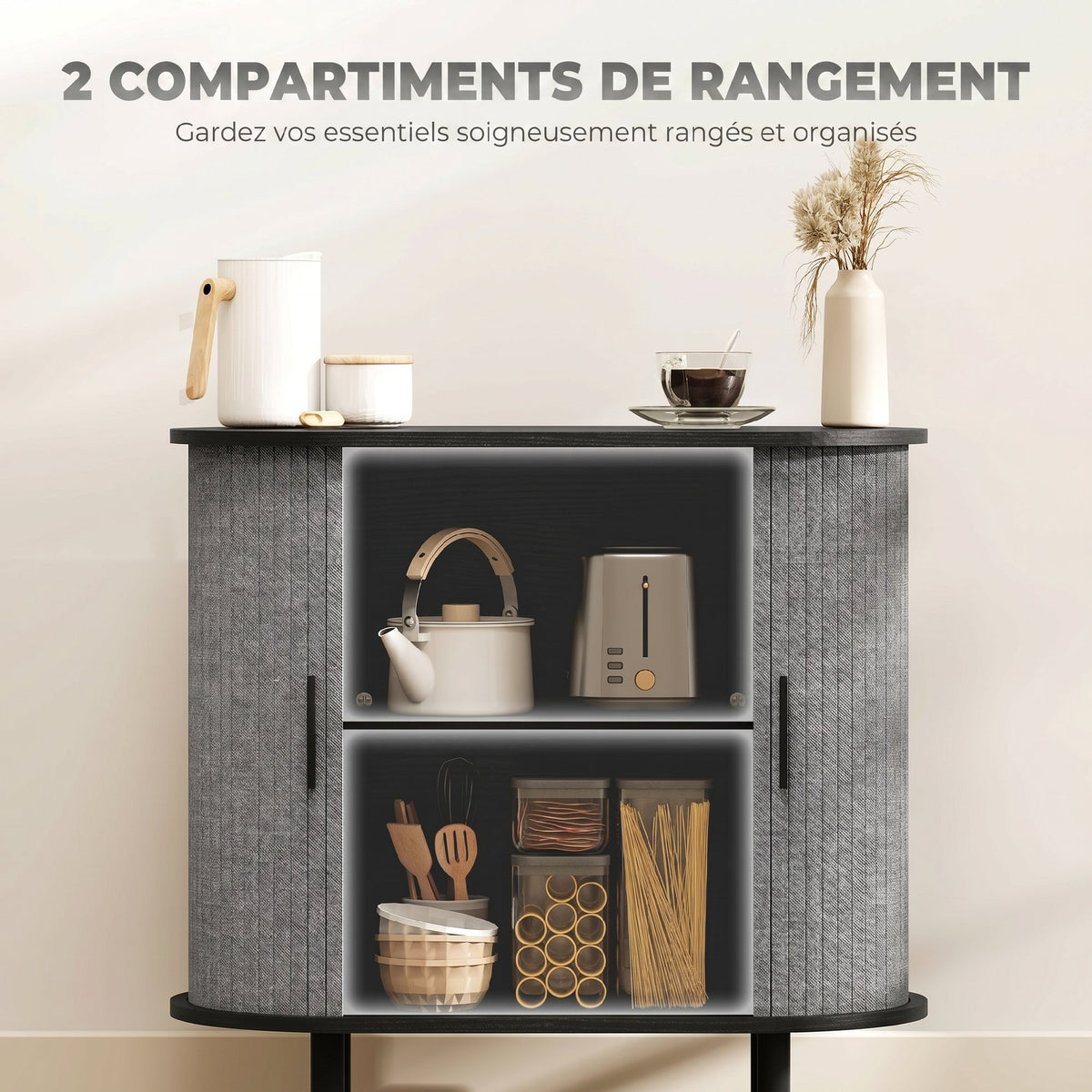 Buffet salon, meuble de rangement ovale avec 2 portes coulissantes et 2 compartiments, 80 x 40 x 78 cm, gris-5