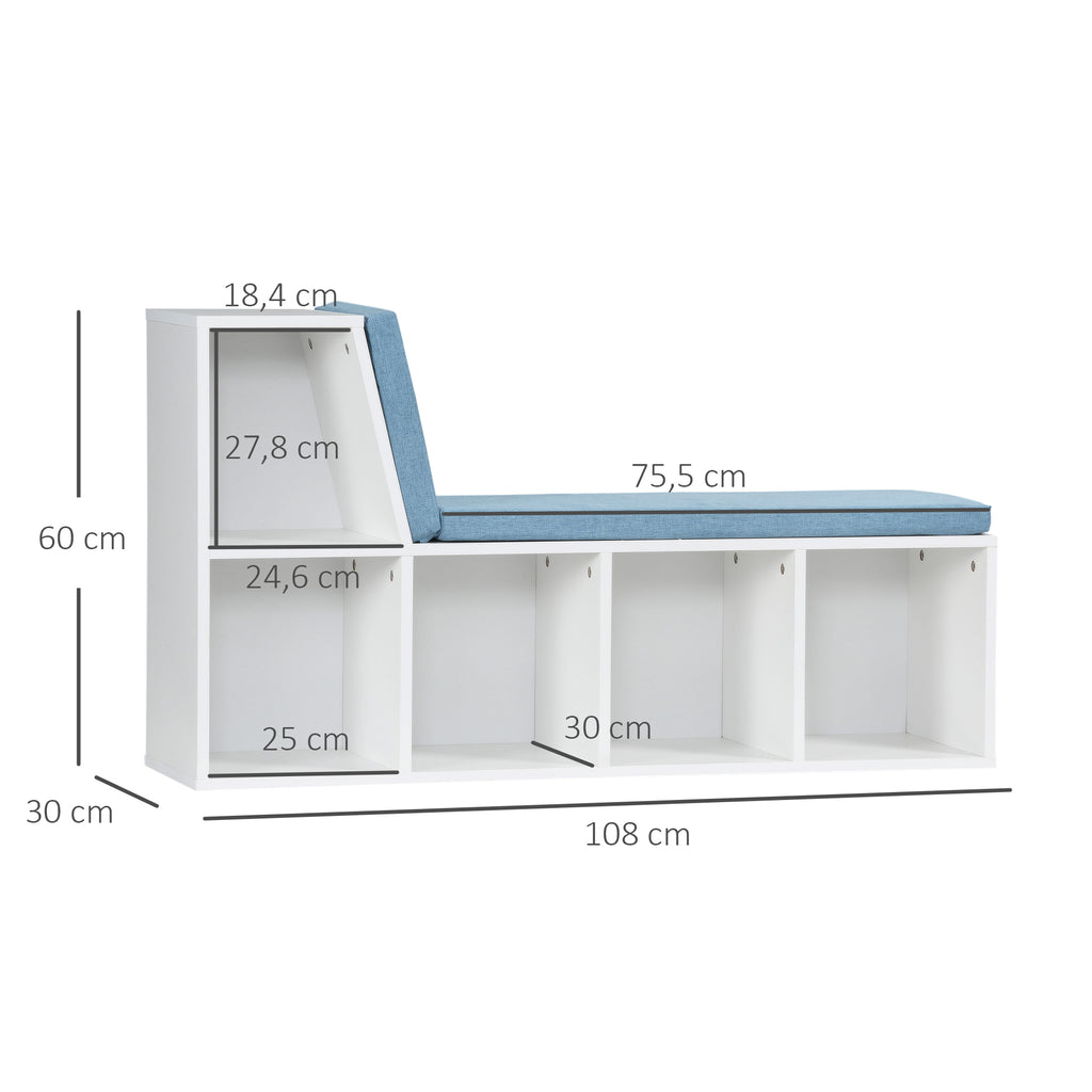 Bibliothèque banc 2 en 1 avec 5 compartiments de rangement et 2 coussins 108 x 30 x 60 cm blanc bleu-2