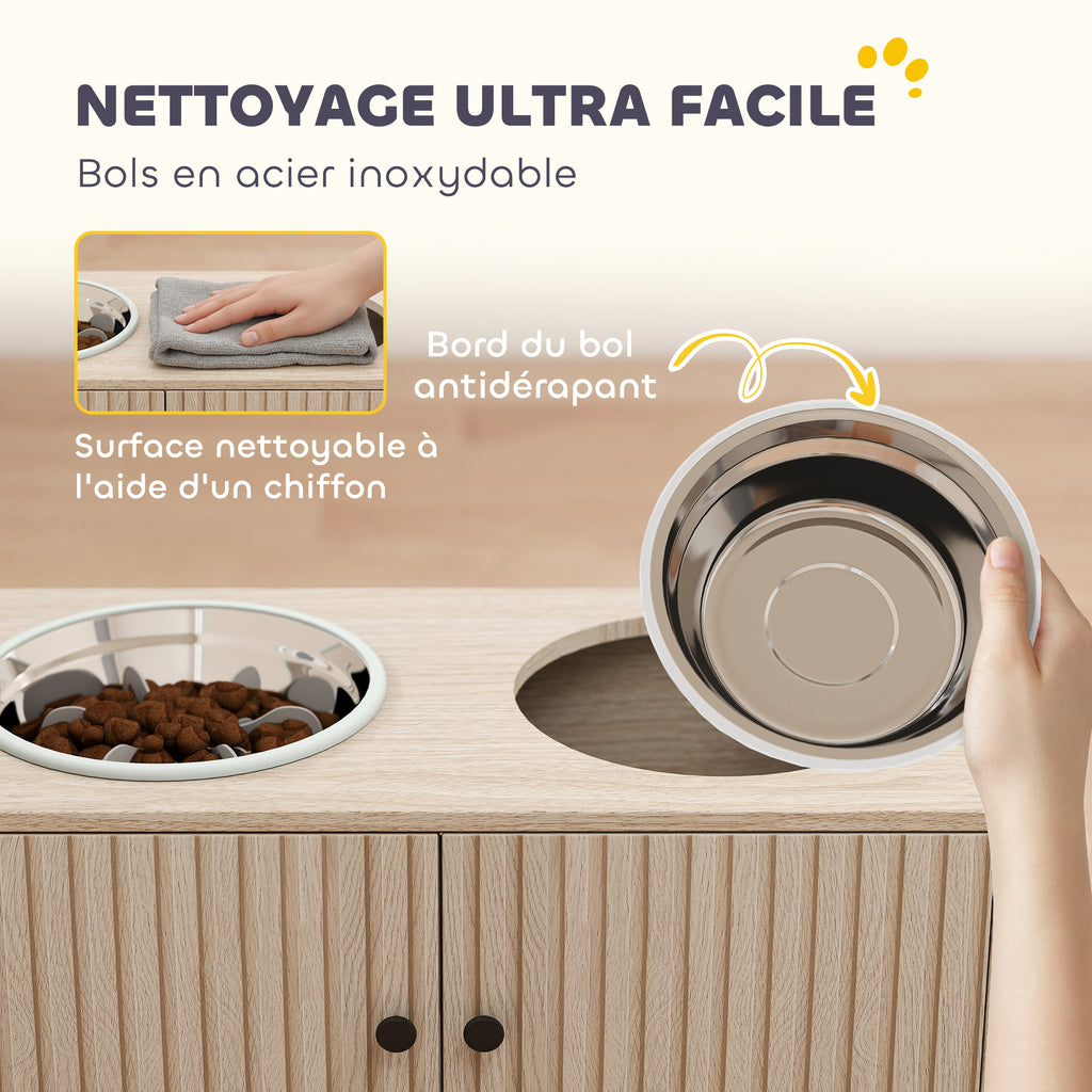 Gamelles pour chiens surélevées porte-gamelles avec rangement de 40L, 2 bols en acier inoxydable 60 x 30 x 35,5 cm chêne-5