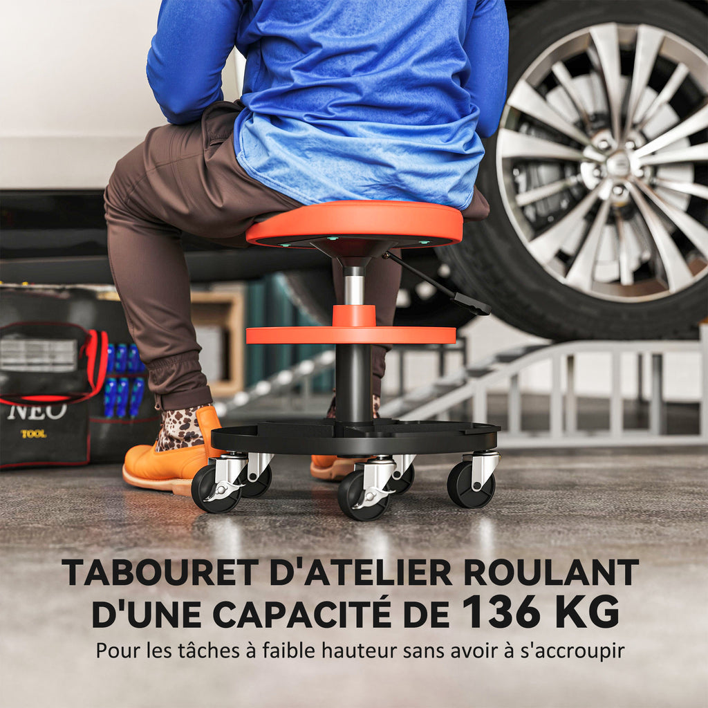 Tabouret d'atelier à roulettes, tabouret de mécanicien avec hauteur réglable 40-51 cm, 2 étagères 38x38x51cm, orange-3