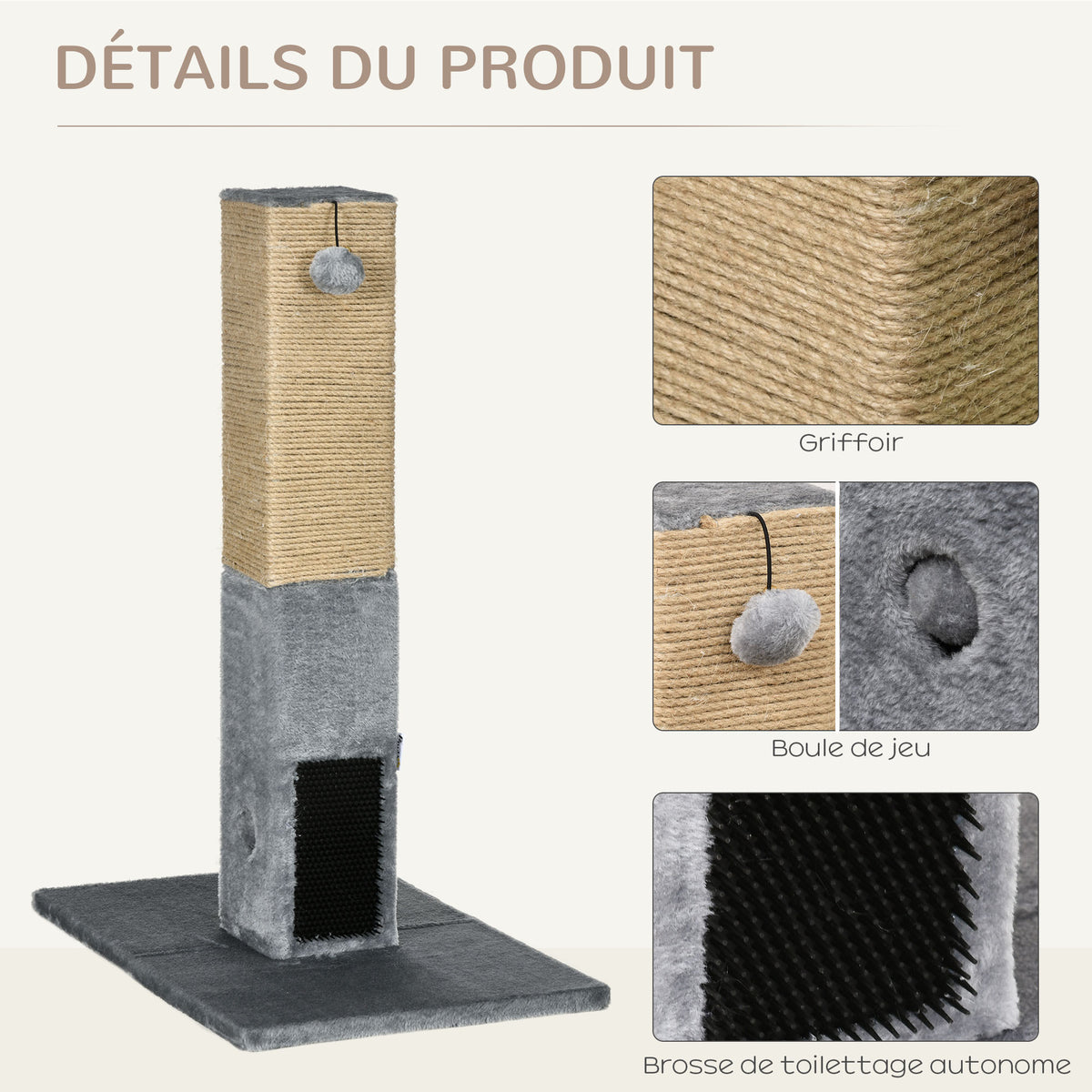 Poteau à gratter pour chat griffoir pour chat balle avec clochette 2 brosses de toilettage 59,5 x 39 x 79 cm beige gris-4