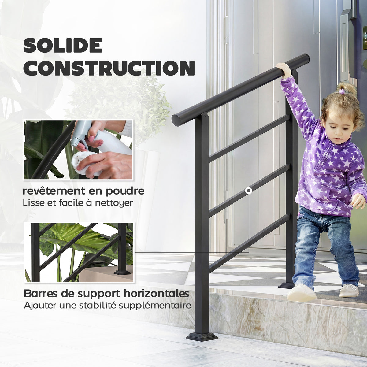 Rampe d'Escalier Extérieure pour 1 à 3 Marches, Main Courante Escalier en Métal avec Kit d'Installation, Noir-4