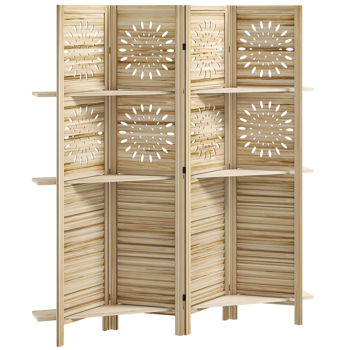 Paravent intérieur 4 panneaux et 3 étagères, 160 x 170 cm, séparateur de pièce pliable, bois de paulownia, bois naturel-0