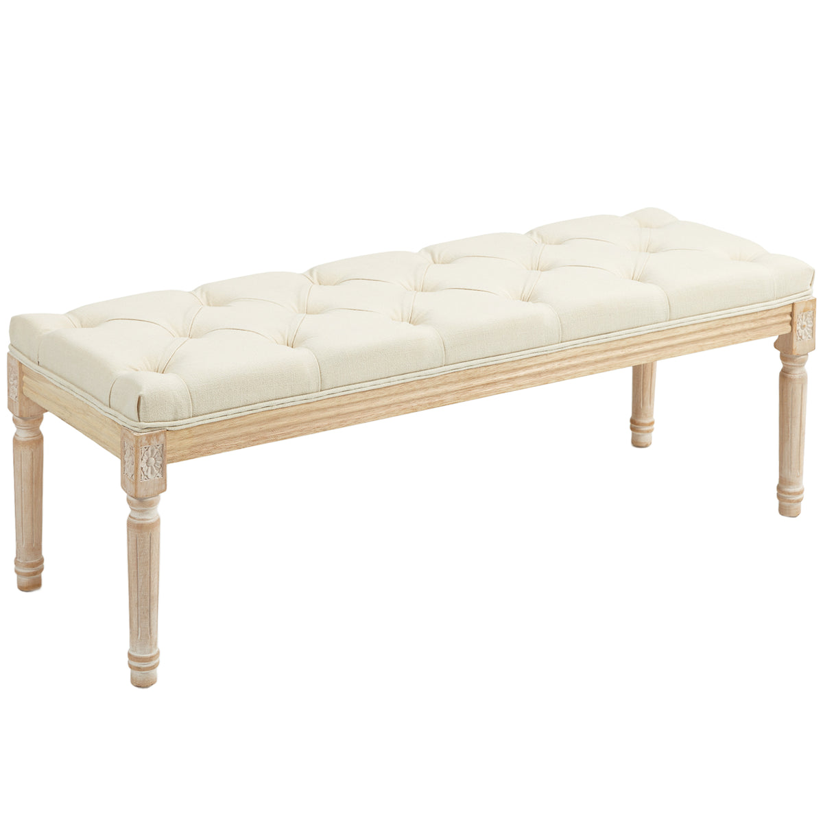 Banc Banquette classique capitonné 115cm bout de lit Rembourrée en lin - bois d'hévéa sculpté, patiné - crème-0