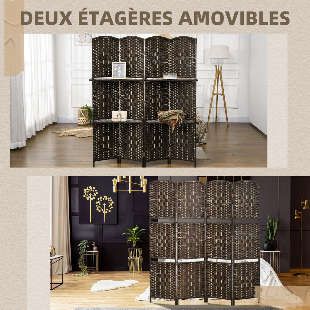 Paravent séparateur de pièce 4 panneaux 160 x170 cm avec 2 étagères, pliable, en bois-4