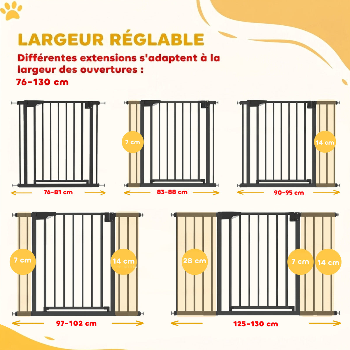 Barrière de sécurité pour chiens et bébés 76 à 130 cm avec extension fixation par pression sans perçage blanc-3