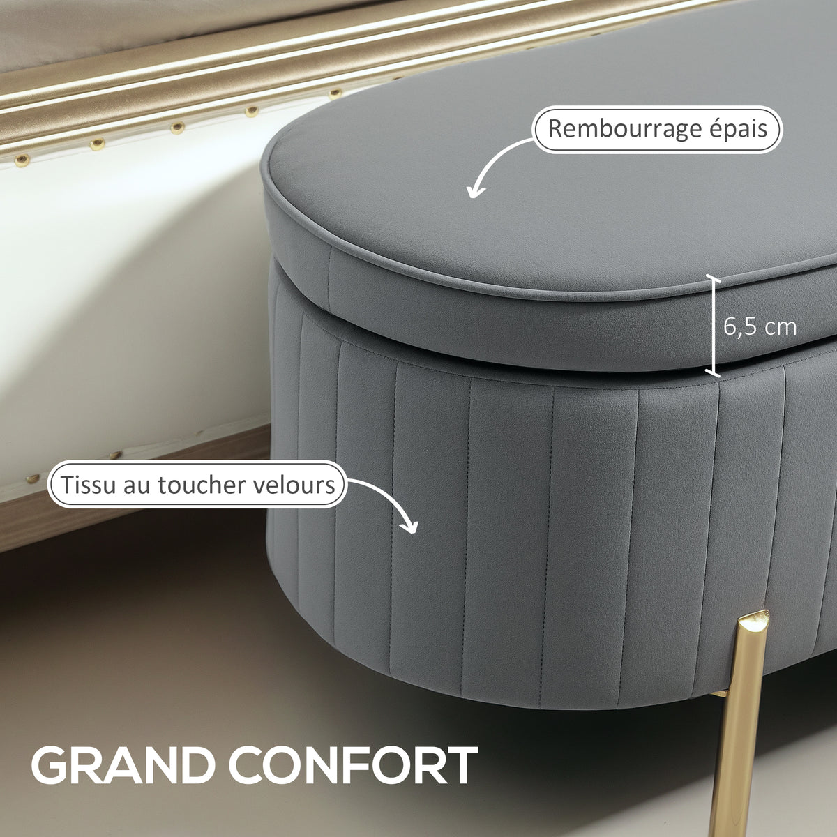 Banc de rangement, bout de lit en velours avec couvercle, pieds en métal, capacité 72 L, 107x42x45,5cm, gris-3