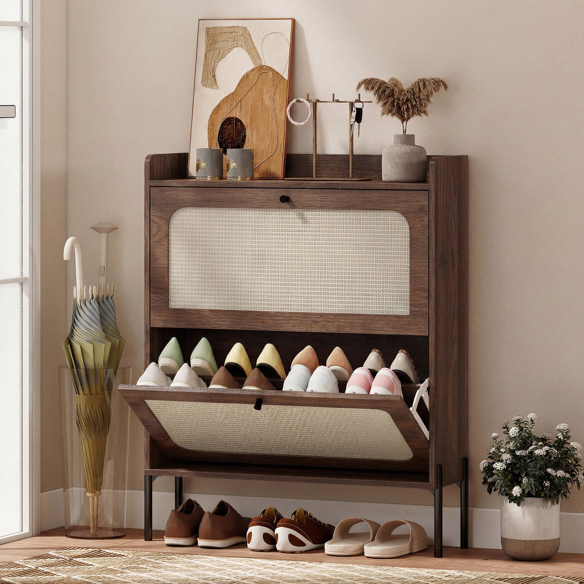 Meuble à Chaussures 16 Paires, 2 Tiroirs, Portes en Rotin et Étagères Réglables, 80x23,7x99,5cm, Marron Foncé-9